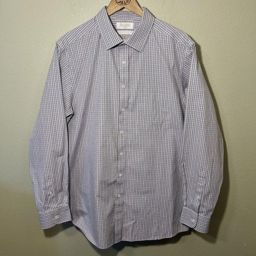 Roundtree & Yorke Gold Label Button Up Shirt White Blue Brown Slim Fit Size XL